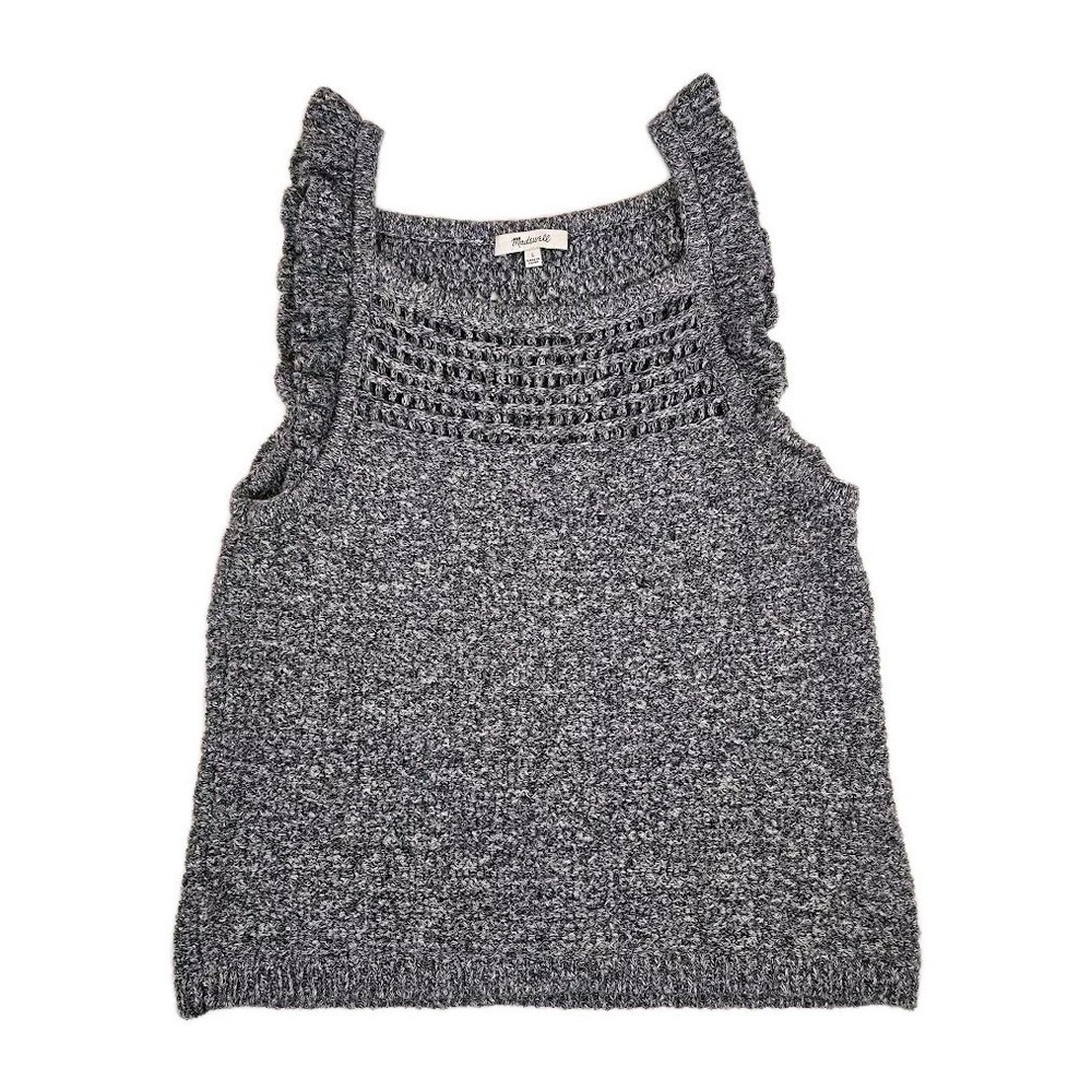 Madewell Size LARGE Ruffle Crochet Sweater Tank‎ Marled Navy Blue Cotton